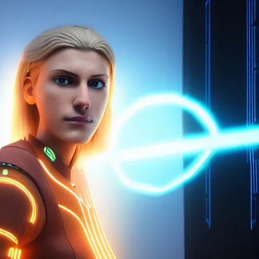 Image similar to Annie Leonhart in a Tron movie, octane render 8k, photorealistic render, atmospheric render, beautiful face, cute, realistic skin, beautiful eyes