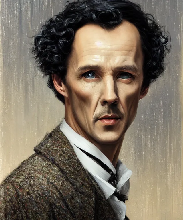 Prompt: beautiful oil painting of sherlock holmes by charlie bowater and titian and artgerm, full - body portrait, symmetrical face, intricate, face, tweed clothes, flowing hair, slim face, elegant, light gold mist, highly detailed, dramatic lighting, sharp focus, trending on artstation, artstationhd, artstationhq, unreal engine, 4 k, 8 k