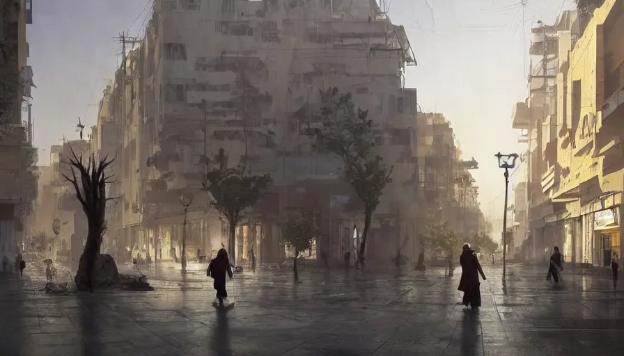 Image similar to modern jeddah city street, roshan, shops, a bright pharmacy, a nomad wearing a worn out coat, plants, tree, dramatic lighting, sci fi, by caspar david friedrich by james gilleard and justin gerard, centered, artstation, smooth, sharp focus, photoreal octane render, by jean baptiste monge, gustave dore, deviantart