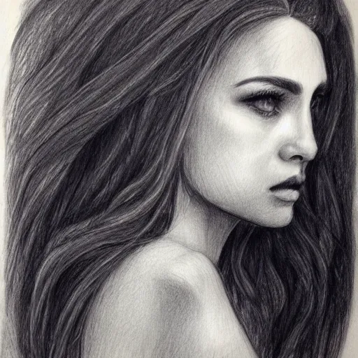 Prompt: pencil sketch, portrait, lady, long wavy hair