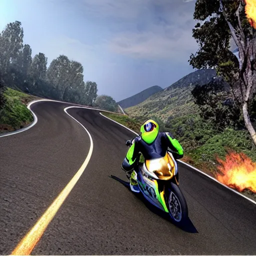 Image similar to new aesthetic and fast motorcycle. Flaming roads. photo realistic. high details. race. hyper realistic