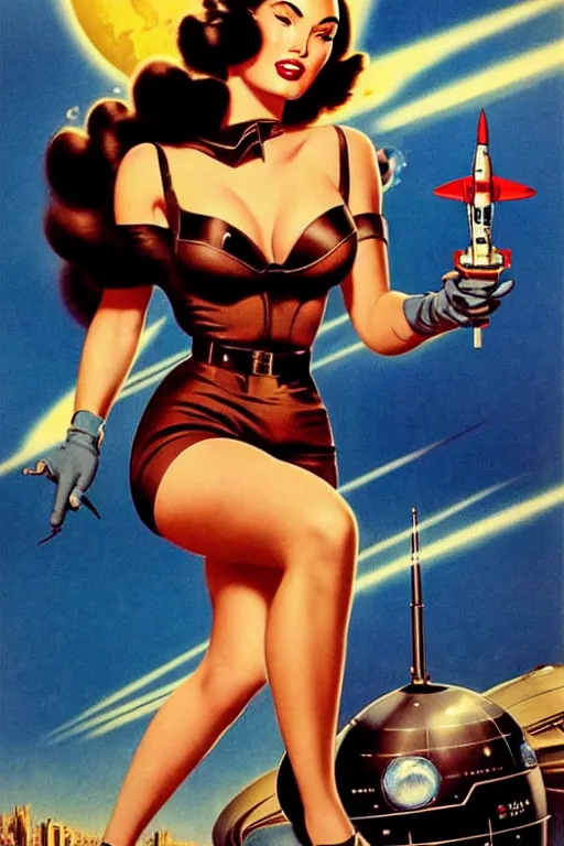 Prompt: beautiful megan fox retro space varga girl riding a rocket in a diesel punk city, windblown dark hair, retro pinup model, seductive, 1 9 4 0, glamour pose, intricate, smoke, hyper detailed, digital art, smooth, sharp focus, alberto vargas, gil elvgren, greg rutkowski