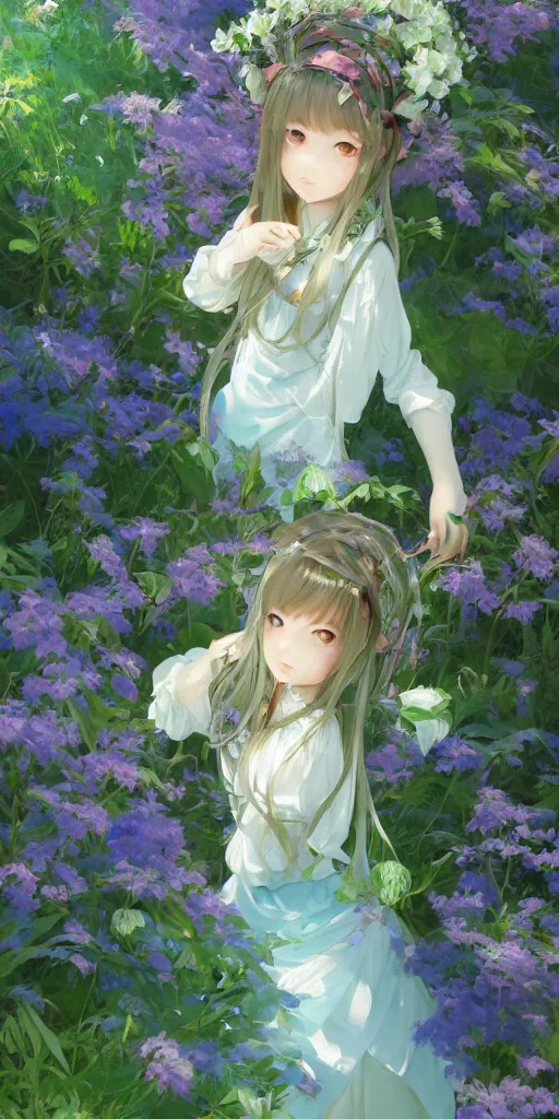 Image similar to a digital art full of atmosphere of a loli with long hair in a dress in the privet garden at after noon, green and warm theme, blue accents, low angle, back lighting, highly detailed, 4 k resolution, trending on art station, by krenz cushart and mucha and akihito yoshida and greg rutkowski and makoto shinkai