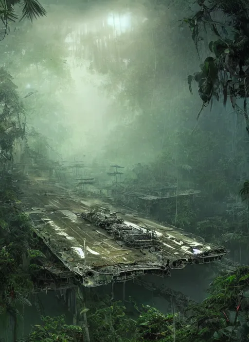 Image similar to decayed aircraft carrier USS Nimitz laying on the ground of a tropical forest overgrown with vegetation and hanging vines, post appocalyptic, by Luis Royo, by Greg Rutkowski, dark, gritty, intricate, cover illustration, concept art, volumetric lighting, volumetric atmosphere, sharp focus, octane render, trending on artstation, 8k