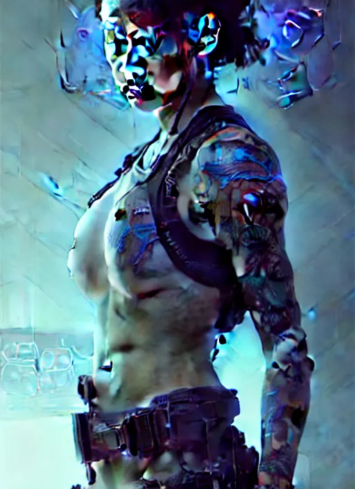 Image similar to girl covered with tattoos wearing tactical gear, intricate lights, bio luminescent, plasma, by ruan jia and artgerm and range murata and wlop and ross tran and william - adolphe bouguereau and beeple. key art. fantasy illustration. award winning, artstation, intricate details, realistic, hyperdetailed, 8 k resolution.