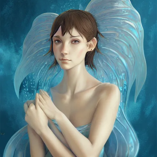 Prompt: 3 / 4 view of a portrait of a water fairy with water wings, elegant, highly detailed, digital painting, artstation, concept art, sharp focus, illustration, strong brush stroke, anime, sharp focus, ghibli studio