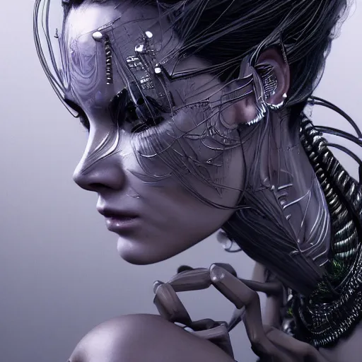 Image similar to the portrait of an absurdly beautiful, graceful, sophisticated, fashionable cyberpunk gravure idol, an ultrafine hyperdetailed illustration by kim jung gi, irakli nadar, matt wisniewski, tribal makeup, intricate linework, iridescent wiring, porcelain skin, unreal engine 5 highly rendered, global illumination, radiant light, detailed and intricate environment