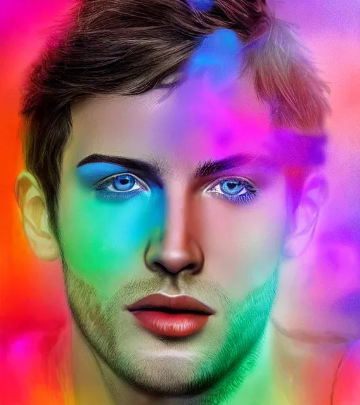 Prompt: photo realistic digital art of the most handsome young man in the world, he is seductive, beautiful and has multicoloured eyes that shine. very colourful background