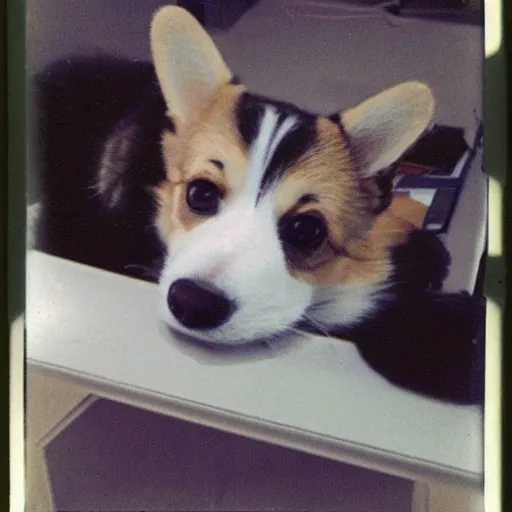 Image similar to Corgi and cat fixing the website, polaroid