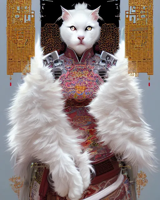 Image similar to portrait of a fluffy white cat cyberpunk machine, machine face, robed, upper half portrait, decorated with chinese opera motifs regal asian machine robot cyberpunk fine china, wuxia, traditional chinese art intricate intense elegant highly detailed digital painting artstation concept art smooth sharp focus illustration, art by artgerm and greg rutkowski alphonse mucha 8 k