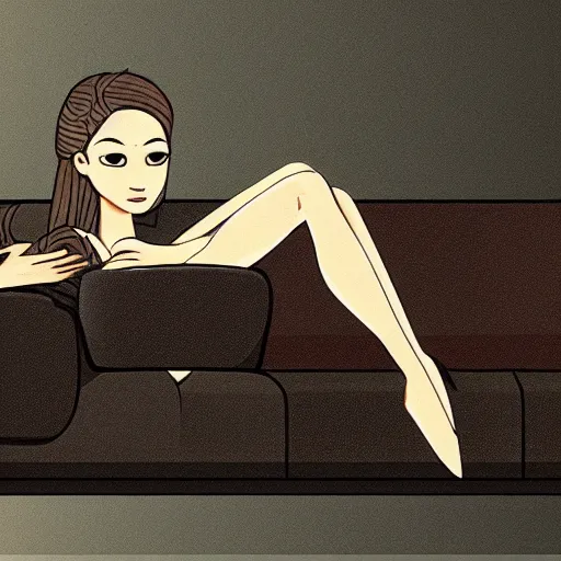 Prompt: female android relaxing on sofa, dark, elegant, detailed illustration