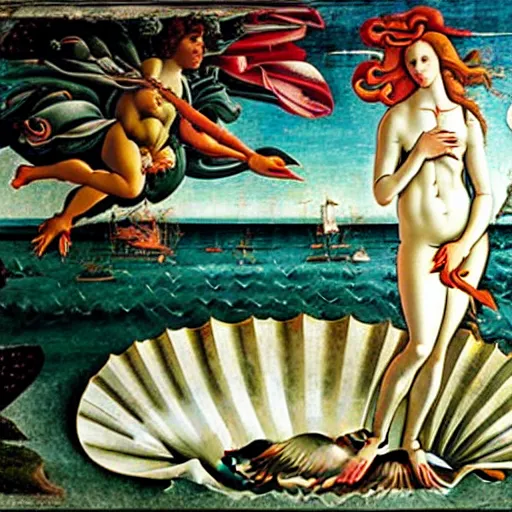 Image similar to The Birth of Venus (c.1485) by Sandro Botticelli except Venus is Boris Johnson