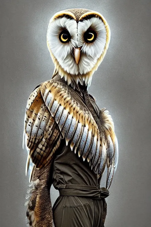 Image similar to epic professional digital art of female human - barn owl hybrid animal wearing air force jumpsuit, feathered head, owl beak, painting, by lisa roet, reyna rochin, iris van herpen, leesha hannigan, artstation, cgsocietywlop, epic, much wow, much detail, gorgeous, detailed, cinematic, masterpiece