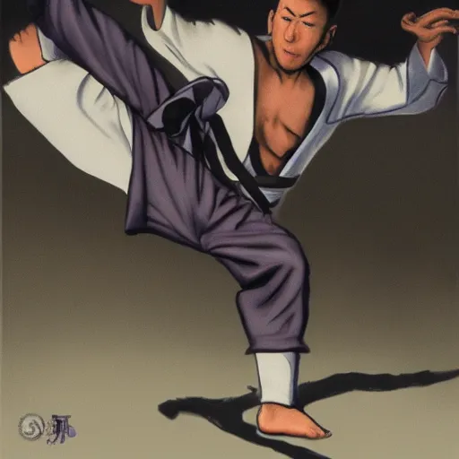 Image similar to hyperrealistic image of martial artist in uniform doing kata