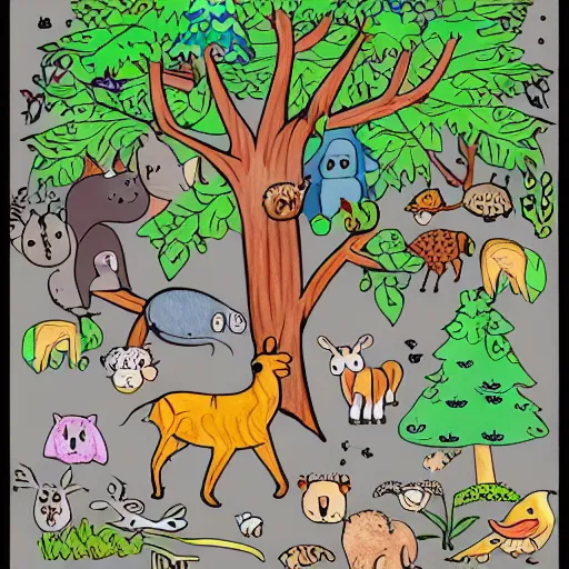 Prompt: coloring picture of a forest with lots of animals.