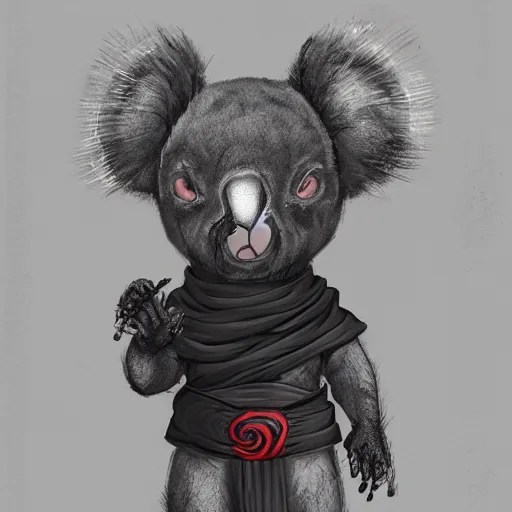 Prompt: an elegant demon koala dressed in a smart black shinobi outfit with naruto band, digital art by łukasz piskorz and patrick mcenvoy and michael komarck, intricate, highly detailed, artstation, concept art, smooth, sharp focus