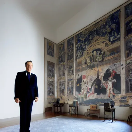 Image similar to Batman standing in giant Italian modern castle living room, clean minimalist design, that is 1300 feet tall, with very tall giant walls filled with modern art paintings, doors that are cosmic portals, photo by Annie Leibovitz