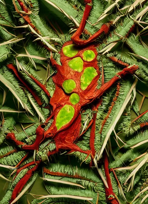 Prompt: a Hybrid organism which is part plant, part animal and part machinery. Detailed, complementary color scheme. Studio photography. 8k, national geographic. sharp ,angular shapes. Photograph by Jewett Ellen, by jeremy geddes. rendered in octane. Red, green, ochre and white vibrant colors.
