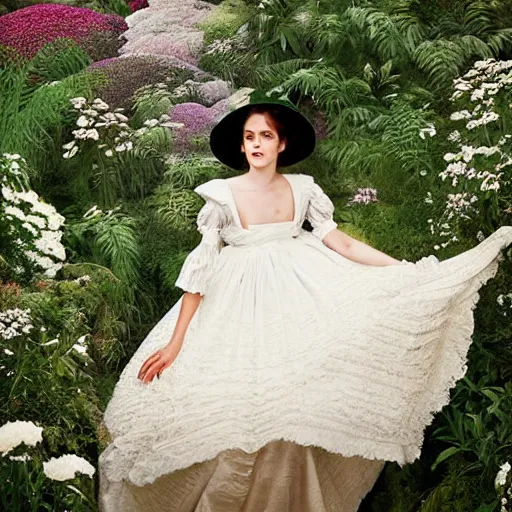 Image similar to full body fashion model emma watson by Hasui Kawase by Richard Schmid smokey eyes makeup eye shadow fantasy, glow, shimmer as victorian woman in a long white frilly lace dress and a large white hat having tea in a sunroom filled with flowers, roses and lush fern flowers ,intricate, night, highly detailed, dramatic lighting , high quality