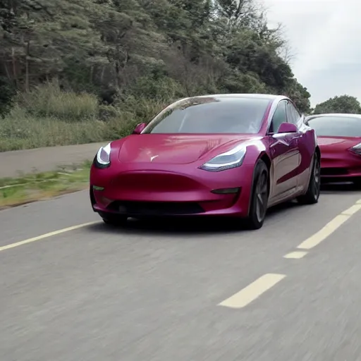 Prompt: Steam engined Tesla Model 3 on a rural highway