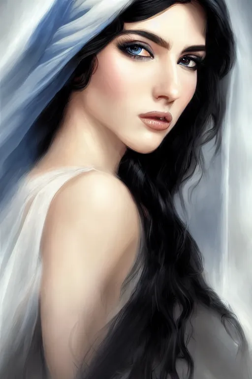 Image similar to Ameera al-Taweel, blue eyes, long wavy black hair, fierce look, white veil, closeup, focus face, elegant, highly detailed, centered, digital painting, artstation, concept art, art by artgerm