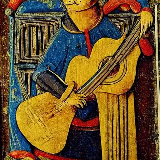 Image similar to medieval portrait of a cat playing guitar, colorful