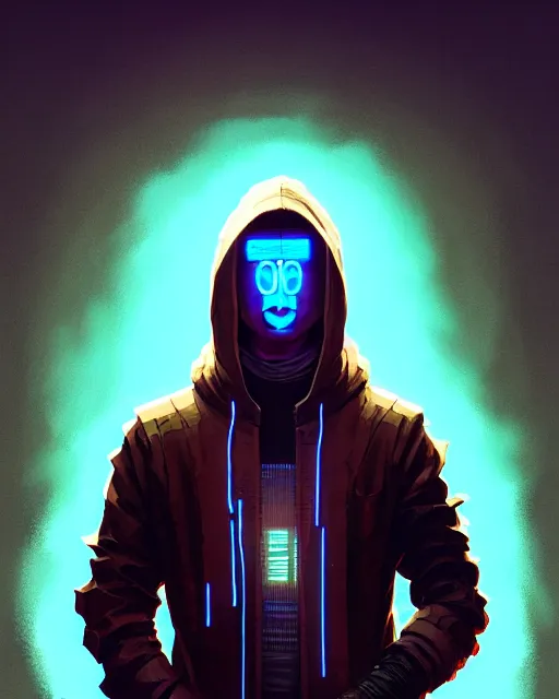 Image similar to cyberpunk synth, hyper - realistic portrait of a man in a hoodie with detailed neon mask, cyberpunk, by atey ghailan, by greg rutkowski, by greg tocchini, by james gilleard, by joe fenton, by kaethe butcher, dynamic lighting, gradient light blue, brown, cinematic lighting color scheme, sharp focus, grunge aesthetic