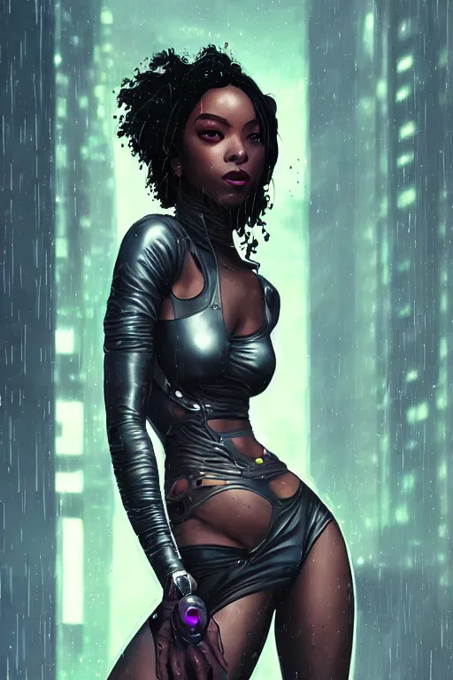 Image similar to cyberpunk Normani as aeon flux profile picture by Greg Rutkowski, dynamic pose, intricate, futuristic, fantasy, elegant, by Stanley Artgerm Lau, greg rutkowski, thomas kindkade, alphonse mucha, loish, norman Rockwell, metal chrome, shiny, rainy background, asymmetric, afro hair,