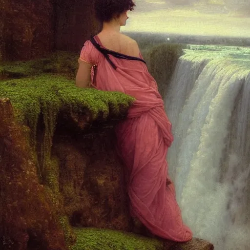 Image similar to a renaissance oil painting by alma tadema of a woman turned back on a stone balcony covered in moss with over shoulder view on the niagara falls waterfall at night, colourful pastel artstation greg rutkowski, detailed academic bouguereau, sharp focus