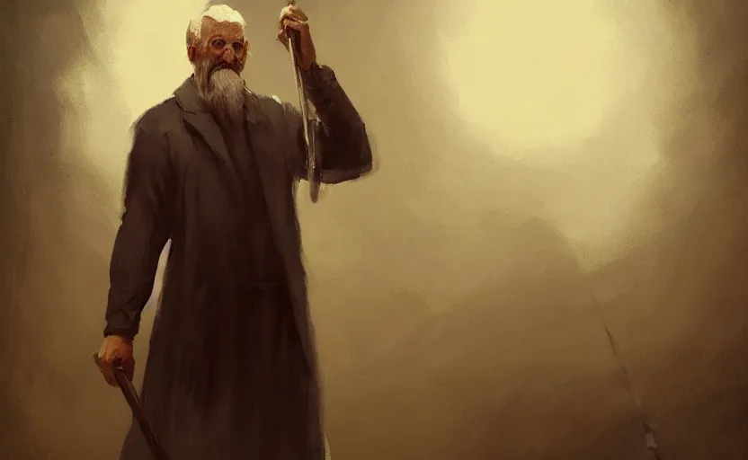 Prompt: a painting of the all father holding a cane trending on artstation in the style of greg rutkowski, beautiful, male, sensual, wise, natural skin, leader, cane, 1 9 0 0 s, industrialization