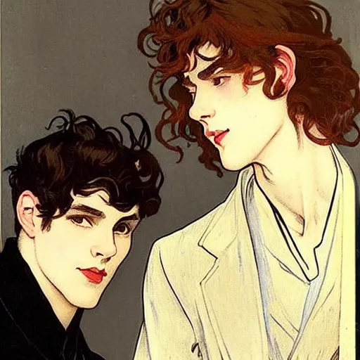 Prompt: two young men, cute handsome beautiful sharp nose dark medium wavy hair man in his 2 0 s named shadow taehyung and young cute handsome dark red medium length curly hair man named maximo together at the halloween party, elegant, wearing suits!, modest!, delicate facial features, art by alphonse mucha, vincent van gogh, egon schiele