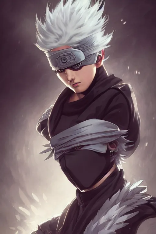 Image similar to kakashi, anime, fantasy, intricate, elegant, highly detailed, digital painting, artstation, concept art, matte, sharp focus, illustration, art by Artgerm and Greg Rutkowski and Alphonse Mucha