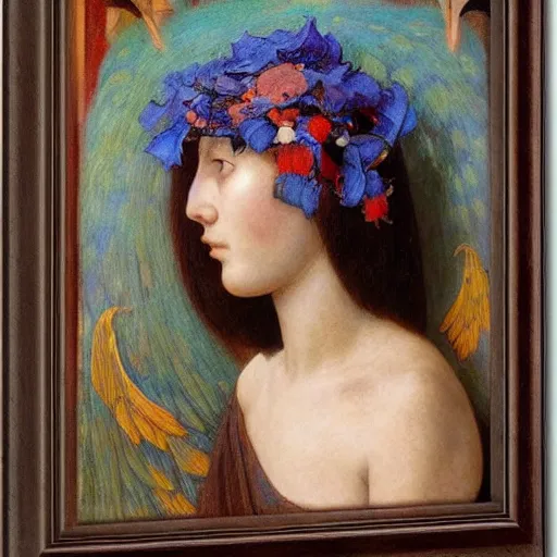 Prompt: a beautiful young android girl wearing a bird mask, by annie swynnerton and diego rivera and elihu vedder, symbolist, dramatic lighting, elaborate geometric ornament, head and shoulders view, art brut, soft cool colors, smooth, sharp focus, extremely detailed, adolf wolfli, donato giancola