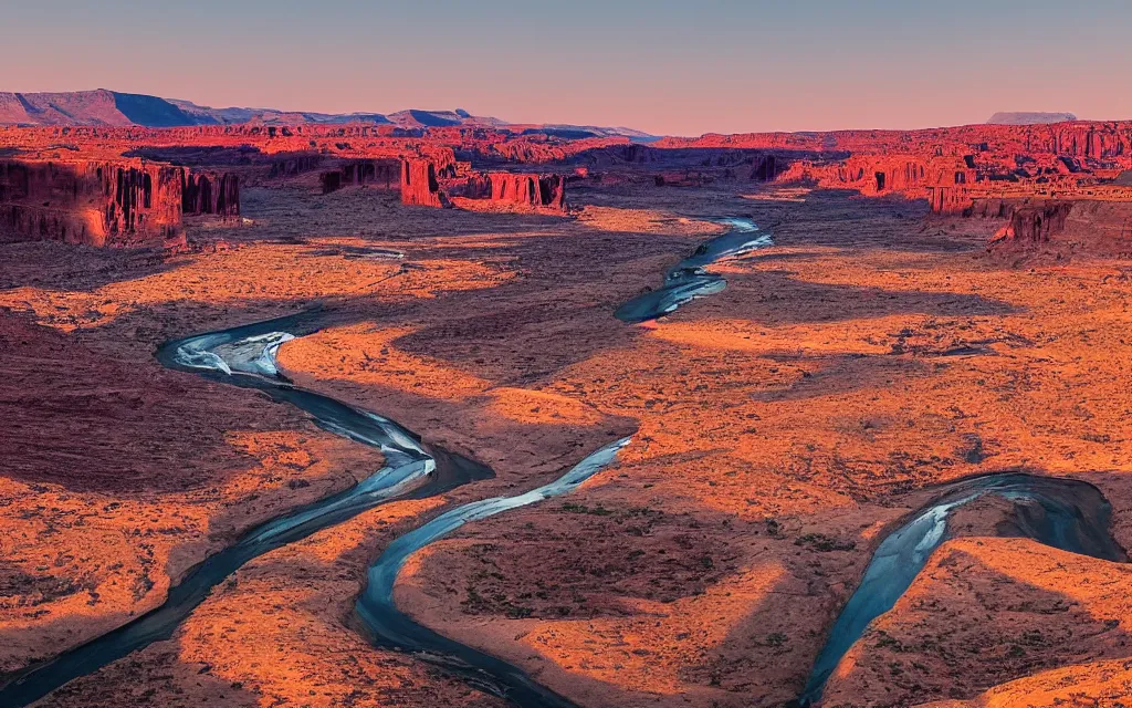 Image similar to “a dried up river bend running through a canyon surrounded by desert mountains at sunset, moab, utah, a tilt shift photo by Frederic Church, trending on unsplash, hudson river school, national geographic photo”