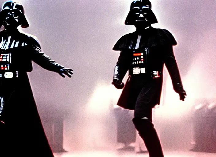 Prompt: film still of Darth Vader as Michael Jackson moonwalking on stage in concert