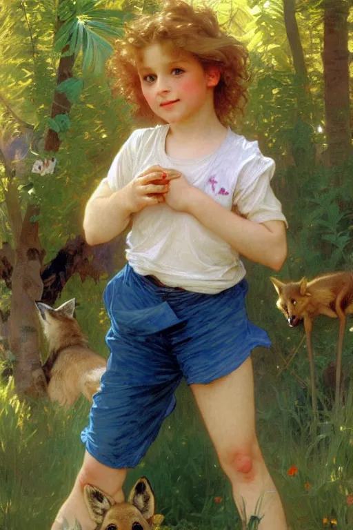 Prompt: a seven - year old with curly dirty blonde hair, blue eyes, tan skin a tee shirt and shorts, playing with foxes, painting by daniel gerhartz, alphonse mucha, bouguereau, detailed art, artstation