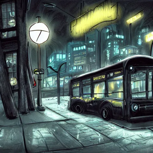 Image similar to dark city bus stop, spongebob background art, very detailed,ArtStation