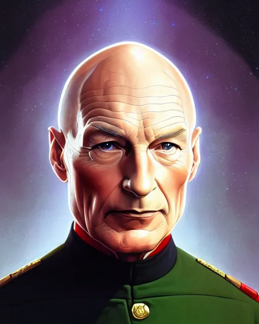 Image similar to symmetry portrait of captain picard in captain's uniform, tng, forest, intricate, elegant, highly detailed, digital painting, artstation, concept art, smooth, sharp focus, illustration, art by artgerm and greg rutkowski and fra angelico and alphons mucha