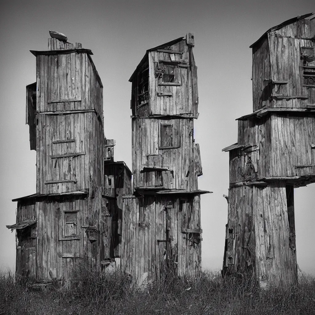 Image similar to two towers, made up of makeshift squatter shacks, misty, mamiya rb 6 7, fully frontal view, very detailed, photographed by ansel adams