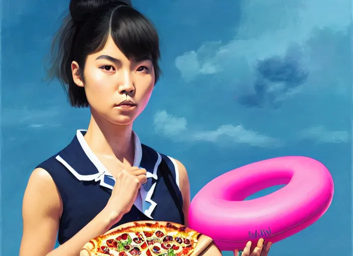 Image similar to portrait of a Mexican Asian mix young woman school with short hair wearing a navy and white sepuku uniform and eating a pizza on a pink floatie in Kalakaua avenue in Waikiki beach, intricate, elegant, highly detailed, centered, digital painting, artstation, concept art, smooth, sharp focus, illustration, by Peter Mohrbacher, WLOP