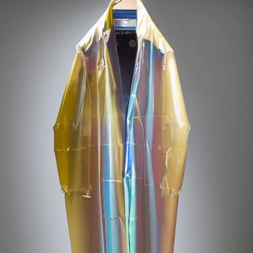 Prompt: an ultra high definition professional studio quality photograph of a transparent iridescent perspex pastel coloured raincoat - sleeping bag on a coat hook in an empty white room. dramatic lighting, ray tracing, refraction, shallow d. o. f, colour corrected, golden ratio, three point light. volumetric shadows. light rays.
