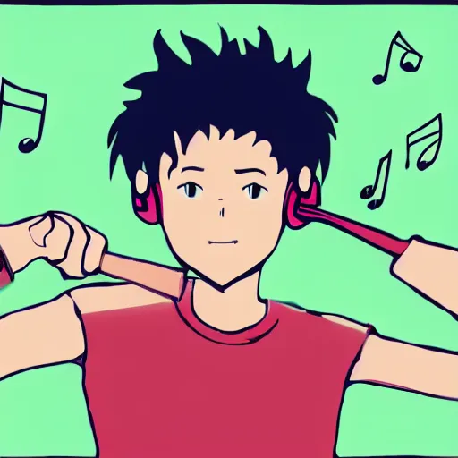 Image similar to a portait of young man holding a spoon while listening to music, logo, high detail, in a style of anime