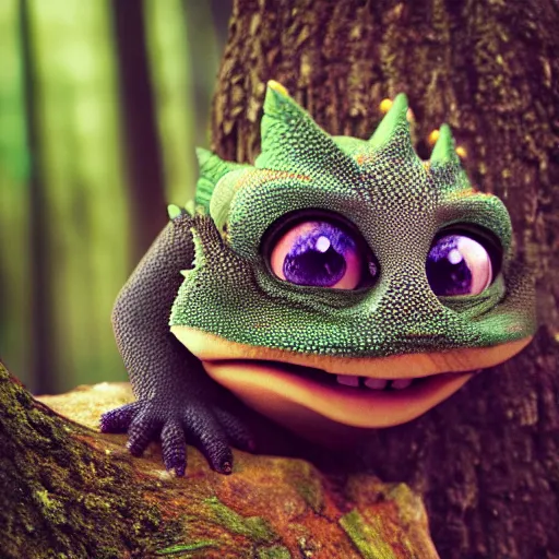 Image similar to very very very very cute chibi baby dragon, portrait, pixar style, forest background, cinematic lighting, award winning creature portrait photography