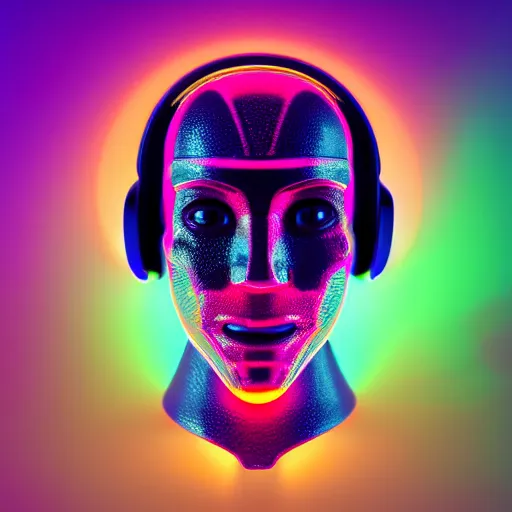 Prompt: a glossy claymodel of a atompunk aztec futurism robot head with glowing headphones, 8 k, symetrical, flourescent colors, halluzinogenic, multicolored, very detailed, black background, 3 d render,