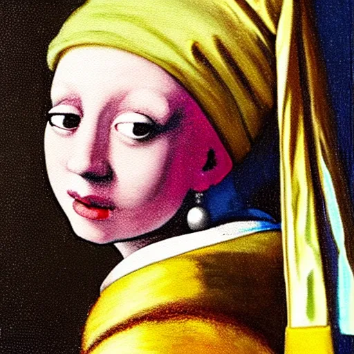 Image similar to painting of the teletubby with the pearl earring, in the style of johannes vermeer