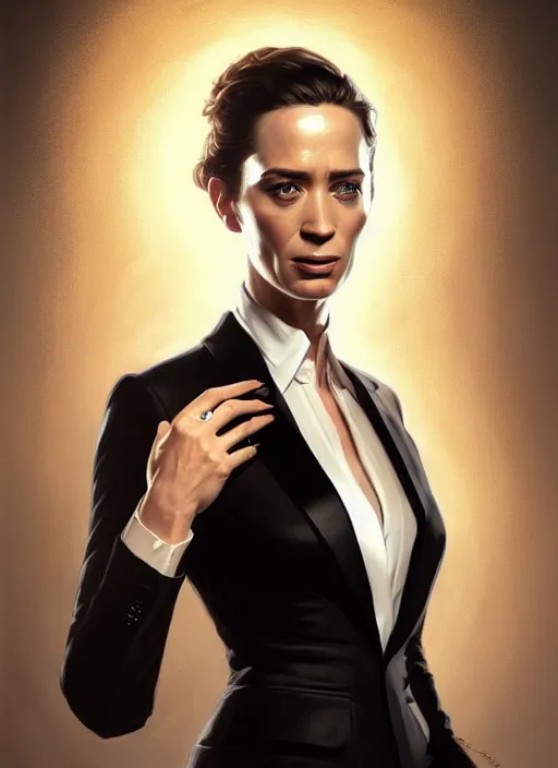 Image similar to portrait of emily blunt with reptile eyes as business woman, black suit, white shirt, black tie, intricate, headshot, highly detailed, digital painting, artstation, concept art, sharp focus, cinematic lighting, illustration, art by artgerm and greg rutkowski, alphonse mucha, cgsociety