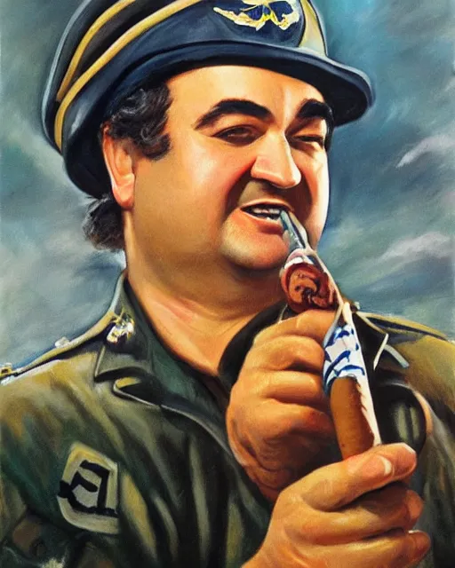 Image similar to oil painting, highly detailed, of john belushi as ww 2 era crazed national guard pilot wild bill kelso with his cigar, from the movie 1 9 4 1