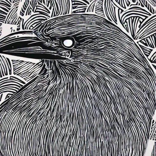 Prompt: crow, bold smooth simple lines block print, 4k, black ink on white paper