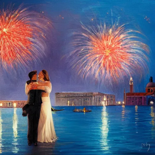 Image similar to an oil painting of couple kissing, in a background fireworks in venice