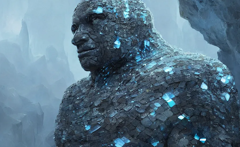 Image similar to a golem made from translucent crystals, high in the mountains, greg rutkowski, 8 k, shallow depth of field, intricate detail, concept art,